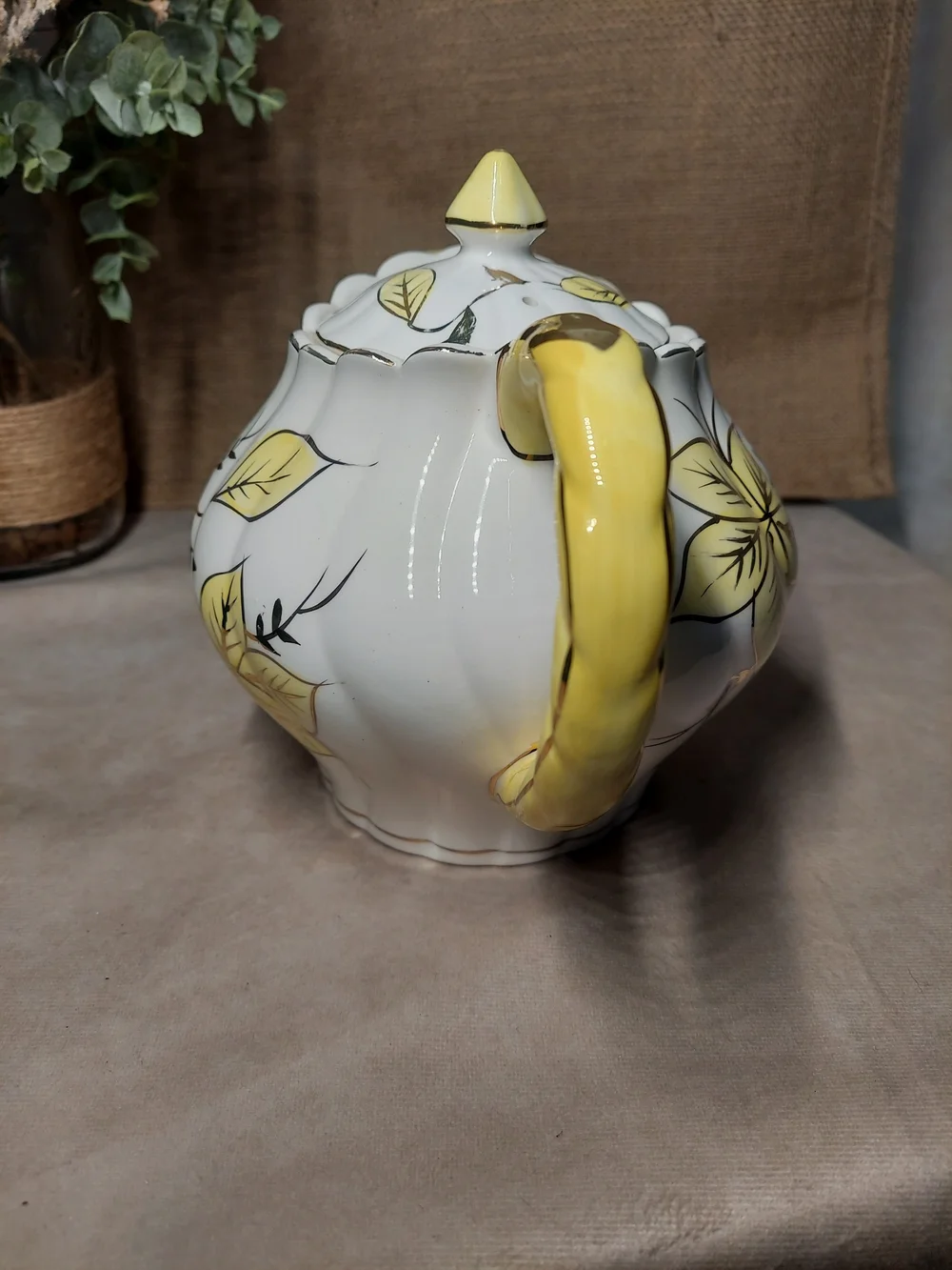 Vintage Royal Sealy Japan Yellow Leaf & Gold Trim Fluted Ceramic Teapot with Lid